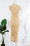 Robes de jupe enveloppée à col roulé élégantes marron clair en patchwork solide transparent
