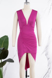 Fuchsia Sexy Casual Solid Patchwork Falten V-Ausschnitt ärmelloses Kleid
