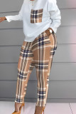 Lake Green Casual Plaid Geometric Striped Patchwork Pocket Printing O Neck Long Sleeve Two Pieces Pants Set