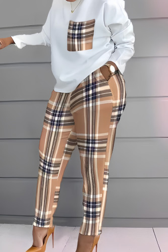 Khaki Casual Plaid Geometric Striped Patchwork Pocket Printing O Neck Long Sleeve Two Pieces Pants Set
