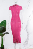 Rose Rouge Élégant Solide Patchwork Transparent Pli Demi-Col Roulé Jupe Enveloppée Robes