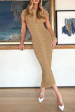 Light Brown Elegant Solid Patchwork See-through Fold Half A Turtleneck Wrapped Skirt Dresses