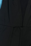 Schwarzer, eleganter, schlichter, gerader Overall aus Netzstoff mit Schlitz und O-Ausschnitt