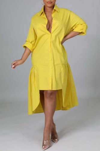 Gelbe, lässige, einfarbige Hemdblusenkleider mit Patchwork-Hemdkragen
