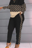 White Casual Plaid Geometric Striped Patchwork Pocket Printing O Neck Long Sleeve Two Pieces Pants Set