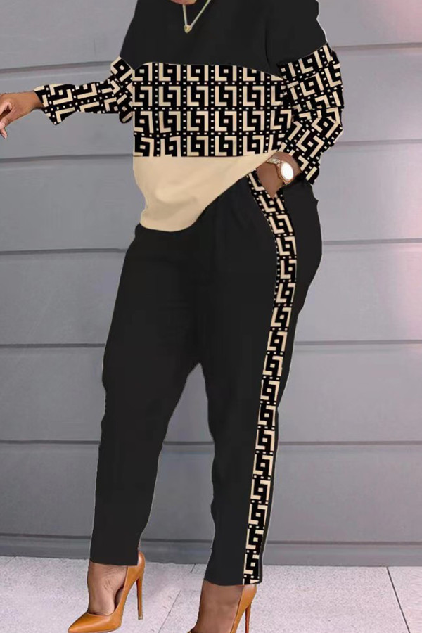 Black Casual Plaid Geometric Striped Patchwork Pocket Printing O Neck Long Sleeve Two Pieces Pants Set