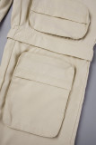 Khakifarbene, lässige, solide Patchwork-Hose mit gerader, niedriger Taille und herkömmlicher einfarbiger Hose