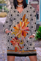 Mehrfarbiges, lässiges Patchwork-Kleid mit V-Ausschnitt, langen Ärmeln und kurzen Ärmeln