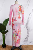 Розовые повседневные базовые платья с круглым вырезом и длинным рукавом с принтом