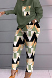 Army Green Casual Plaid Geometric Striped Patchwork Pocket Printing O Neck Long Sleeve Two Pieces Pants Set