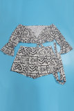 White Sexy Sweet Elegant Print Printing Off the Shoulder Long Sleeve Two Pieces