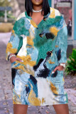 Paarse casual print patchwork V-hals lange mouw korte mouw jurk