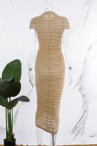 Khakifarbenes, elegantes, solides Patchwork-Kleid mit durchsichtigem, gefaltetem halben Rollkragen und Wickelrock