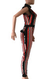 Roter sexy gestreifter Patchwork-Kontrast-Reißverschluss, fadenförmige Selvedge-O-Ausschnitt-Jumpsuits in Übergröße