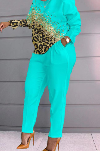 Lake Green Casual Plaid Geometric Striped Patchwork Pocket Printing O Neck Long Sleeve Two Pieces Pants Set