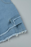 Le gonne di jeans skinny a vita alta con patchwork strappato solido casual blu da cowboy