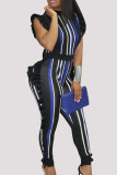Diepblauwe sexy gestreept patchwork contrasterende rits vezelige zelfkant O-hals plus maat jumpsuits