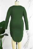 Army Green Casual Solid Basic U Neck Long Sleeve Plus Size Dresses
