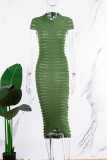 Vert Foncé Élégant Solide Patchwork Transparent Pli Demi-Col Roulé Jupe Enveloppée Robes