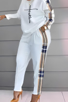 White Casual Plaid Geometric Striped Patchwork Pocket Printing O Neck Long Sleeve Two Pieces Pants Set