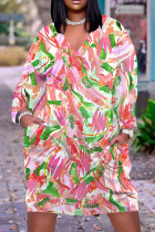 Robe décontractée imprimée patchwork col en V manches longues à manches courtes rose