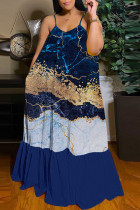 Donkerblauwe sexy casual print rugloze spaghettibandjes lange jurkjurken