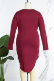 Burgundy Casual Solid Basic U Neck Long Sleeve Plus Size Dresses