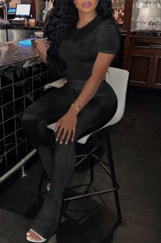 Black Casual Solid Basic O Neck Long Sleeve Two Pieces