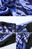 Blaue Boardshorts im Patchwork-Stil mit Tarnmuster und Kordelzug, Tasche und Reißverschluss