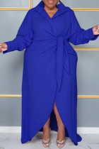 Robes décontractées solides patchwork frein col en V manches longues grande taille bleues