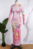 Rosafarbene, legere, bedruckte Basic-Kleider mit O-Ausschnitt und langen Ärmeln