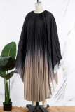 ブラック アプリコット カジュアル 段階的変化 プリント プリーツ O ネック ロング ドレス ドレス
