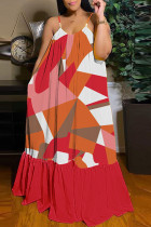 赤白のセクシーなカジュアル プリント バックレス スパゲッティ ストラップ ロング ドレス ドレス