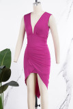 Fuchsia Sexy Casual Solid Patchwork Fold V-hals mouwloze jurk