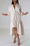 クリームホワイト カジュアル ソリッド パッチワーク シャツカラー シャツドレス ドレス