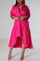 Розово-красная повседневная однотонная рубашка в стиле пэчворк с воротником-рубашкой Платья Платья