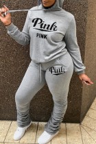 Light Gray Letter Print Basic Hooded Collar Long Sleeve Two Pieces