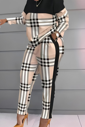 Light Khaki Casual Plaid Geometric Striped Patchwork Pocket Printing O Neck Long Sleeve Two Pieces Pants Set
