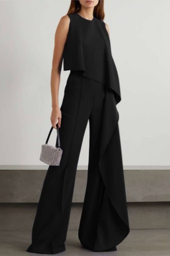 Black Casual Solid Patchwork O Neck Regular Jumpsuits