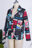 Black Casual Print Patchwork Cardigan Turn-back Collar Outerwear