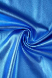 Vestido azul elegante sólido patchwork com decote em V sem mangas