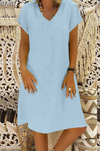 Light Blue Casual Solid Basic V Neck Short Sleeve Dress