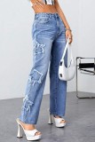 Blue Casual Solid Straight Women's Y2k High Rise Baggy Pants Stars Cargo Denim Jeans