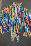 Patchwork con fasciatura a righe geometriche multicolori per strada, cordoncino, stampa, colletto couverture, manica lunga, due pezzi