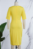 Желтые элегантные однотонные лоскутные уздечки, металлические аксессуары, украшения, разрез, V-образный вырез, обернутые юбки, платья