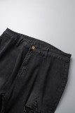 Schwarze, lässige, tägliche, solide, zerrissene Patchwork-Jeans in Übergröße