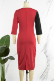 Vermelho melancia elegante cor sólida bloco retalhos contraste zíper decote em bico saia enrolada vestidos