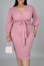 ピンク カジュアル ソリッド パッチワーク Vネック 長袖 プラスサイズ ドレス