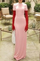 Rosa Casual Solid Patchwork Kontrast O-hals långärmade klänningar