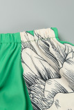 Due pezzi con stampa floreale vintage elegante verde patchwork con spalle scoperte e maniche lunghe